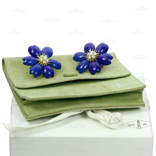 High Quality Luxury Van Cleef  Arpels Rose De Noel Lapis Lazuli Diamond 18K Yellow Gold Earrings product detail