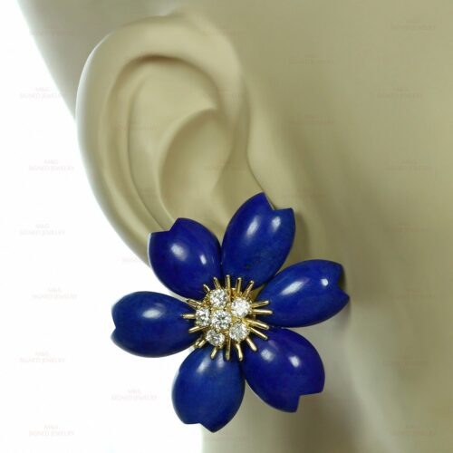 High Quality Luxury Van Cleef  Arpels Rose De Noel Lapis Lazuli Diamond 18K Yellow Gold Earrings product detail