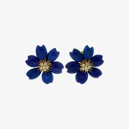 High Quality Luxury Van Cleef  Arpels Rose De Noel Lapis Lazuli Diamond 18K Yellow Gold Earrings