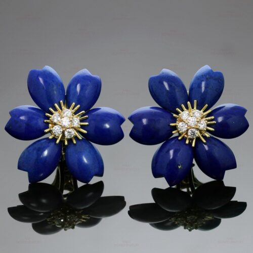 High Quality Luxury Van Cleef  Arpels Rose De Noel Lapis Lazuli Diamond 18K Yellow Gold Earrings alternate view