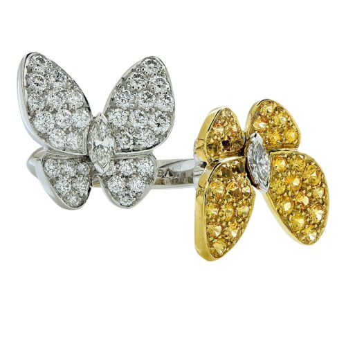 High Quality Luxury Van Cleef  Arpels Two Butterfly Between The Finger Ring White Gold, Diamond, Sapphire alternate view