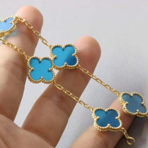 High Quality Luxury Van Cleef  Arpels Vintage Alhambra 5 Motif 18K Yellow Gold Turquoise Bracelet alternate view