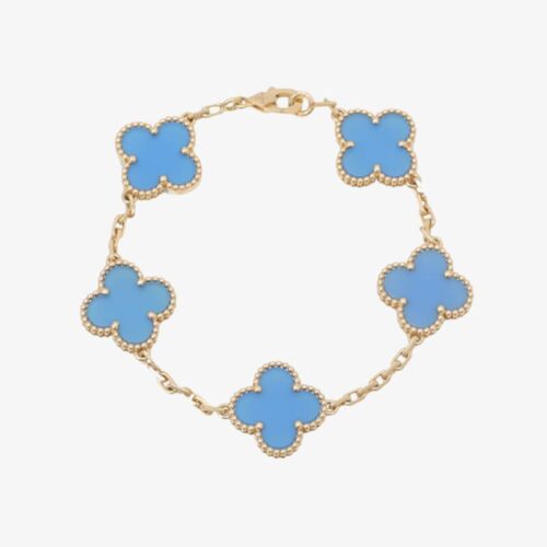 High Quality Luxury Van Cleef  Arpels Vintage Alhambra 5 Motif 18K Yellow Gold Turquoise Bracelet