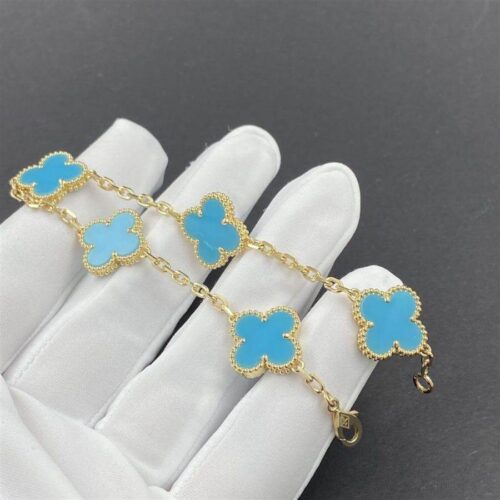 High Quality Luxury Van Cleef  Arpels Vintage Alhambra 5 Motif 18K Yellow Gold Turquoise Bracelet product detail