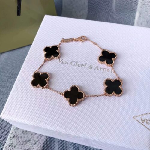High Quality Luxury Van Cleef  Arpels Vintage Alhambra Bracelet 5 Motifs Onyx Rose Gold product detail
