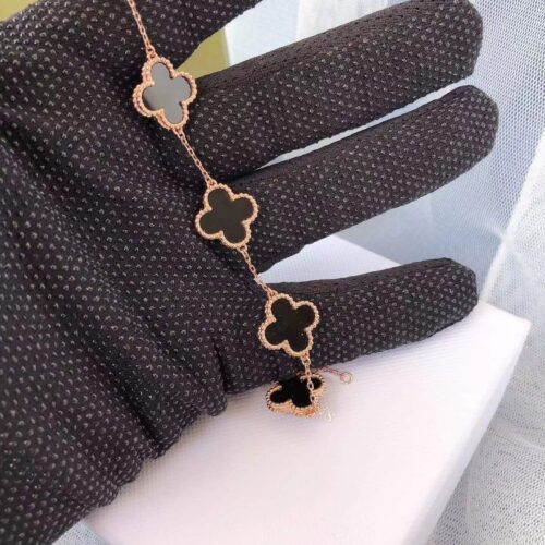 High Quality Luxury Van Cleef  Arpels Vintage Alhambra Bracelet 5 Motifs Onyx Rose Gold product detail