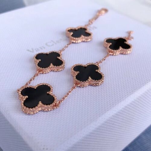 High Quality Luxury Van Cleef  Arpels Vintage Alhambra Bracelet 5 Motifs Onyx Rose Gold product detail