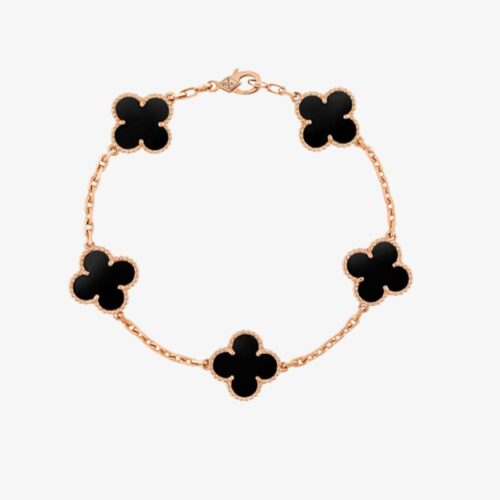 High Quality Luxury Van Cleef  Arpels Vintage Alhambra Bracelet 5 Motifs Onyx Rose Gold