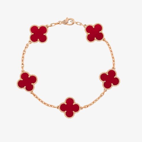 High Quality Luxury Van Cleef  Arpels Vintage Alhambra Bracelet 5 Motifs Rose Gold With Carnelian Mother Of Pearl