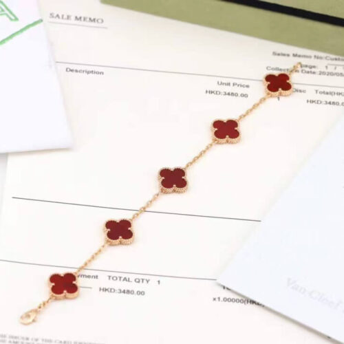 High Quality Luxury Van Cleef  Arpels Vintage Alhambra Bracelet 5 Motifs Rose Gold With Carnelian Mother Of Pearl product detail
