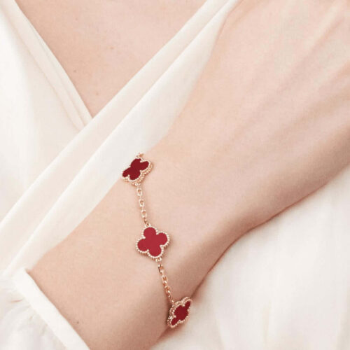 High Quality Luxury Van Cleef  Arpels Vintage Alhambra Bracelet 5 Motifs Rose Gold With Carnelian Mother Of Pearl product detail