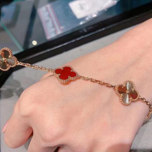 High Quality Luxury Van Cleef Arpels Vintage Alhambra Bracelet 5 Motifs Rose Gold With Carnelian product detail