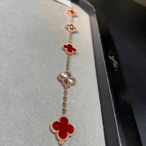 High Quality Luxury Van Cleef Arpels Vintage Alhambra Bracelet 5 Motifs Rose Gold With Carnelian product detail