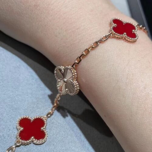 High Quality Luxury Van Cleef Arpels Vintage Alhambra Bracelet 5 Motifs Rose Gold With Carnelian product detail