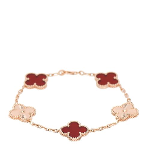 High Quality Luxury Van Cleef Arpels Vintage Alhambra Bracelet 5 Motifs Rose Gold With Carnelian alternate view