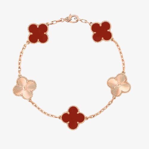 High Quality Luxury Van Cleef Arpels Vintage Alhambra Bracelet 5 Motifs Rose Gold With Carnelian