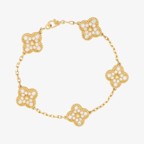 High Quality Luxury Van Cleef  Arpels Vintage Alhambra Bracelet 5 Motifs Yellow Gold With Round Diamonds
