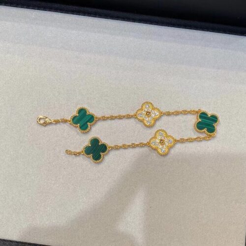 High Quality Luxury Van Cleef Arpels Vintage Alhambra Bracelet 5 Motifs With Diamonds And Malachite product detail
