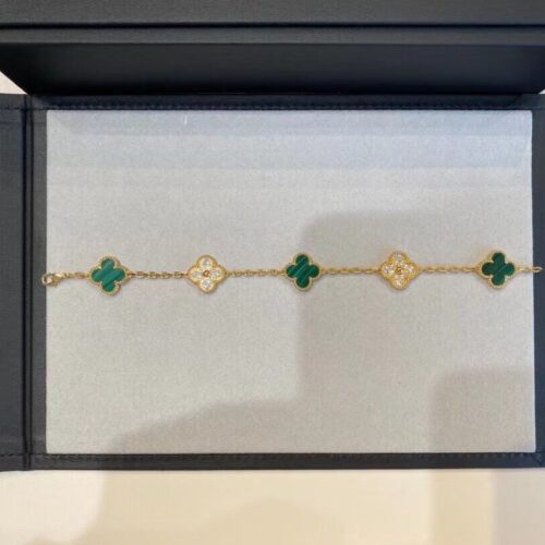 High Quality Luxury Van Cleef Arpels Vintage Alhambra Bracelet 5 Motifs With Diamonds And Malachite product detail