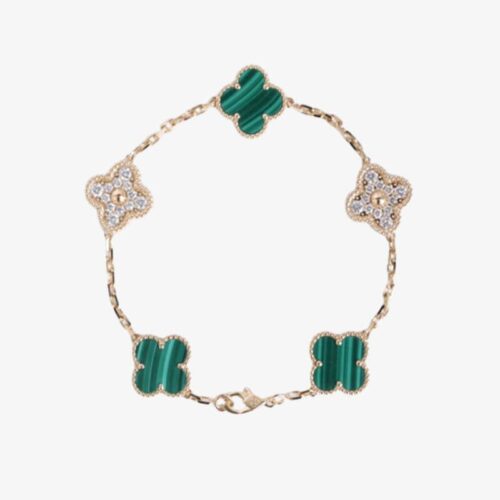 High Quality Luxury Van Cleef Arpels Vintage Alhambra Bracelet 5 Motifs With Diamonds And Malachite
