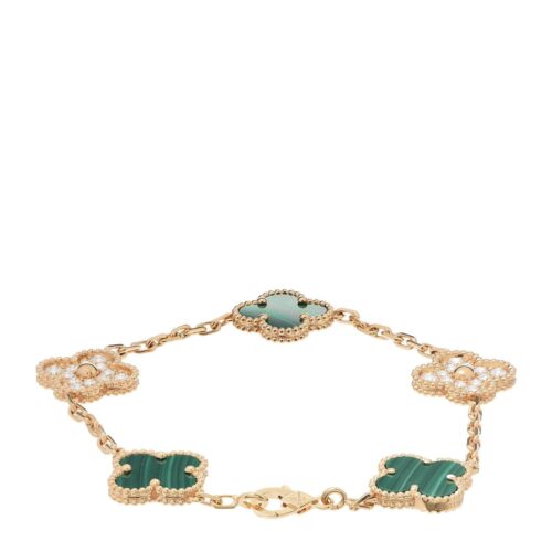 High Quality Luxury Van Cleef Arpels Vintage Alhambra Bracelet 5 Motifs With Diamonds And Malachite alternate view