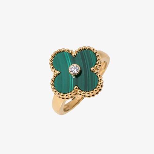 High Quality Luxury Van Cleef  Arpels Vintage Alhambra Ring, Zircon, Malachite
