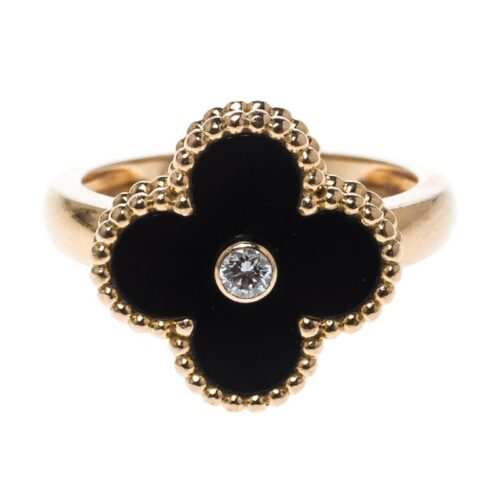 High Quality Luxury Van Cleef  Arpels Vintage Alhambra Diamond Onyx 18K Yellow Gold Ring product detail