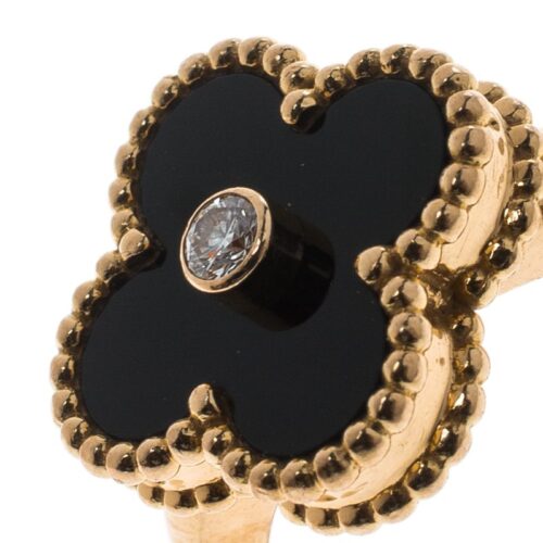 High Quality Luxury Van Cleef  Arpels Vintage Alhambra Diamond Onyx 18K Yellow Gold Ring product detail