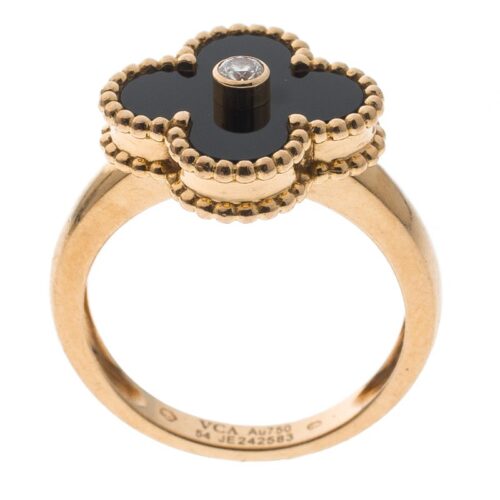 High Quality Luxury Van Cleef  Arpels Vintage Alhambra Diamond Onyx 18K Yellow Gold Ring product detail