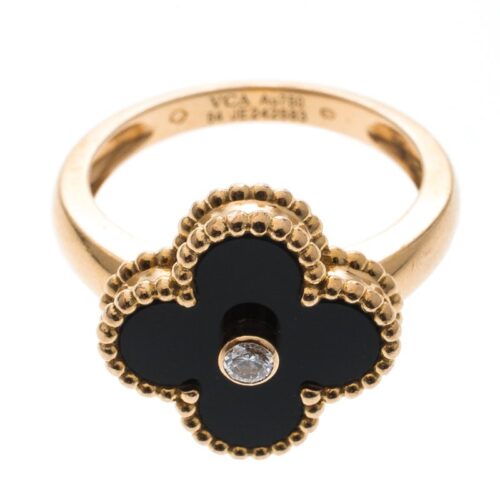 High Quality Luxury Van Cleef  Arpels Vintage Alhambra Diamond Onyx 18K Yellow Gold Ring product detail