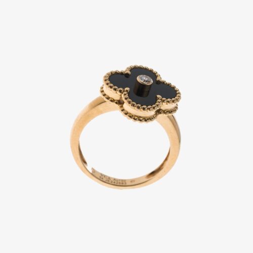 High Quality Luxury Van Cleef  Arpels Vintage Alhambra Diamond Onyx 18K Yellow Gold Ring