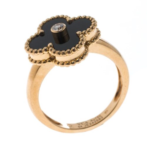 High Quality Luxury Van Cleef  Arpels Vintage Alhambra Diamond Onyx 18K Yellow Gold Ring alternate view