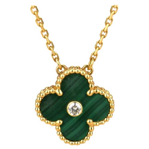 High Quality Luxury Van Cleef  Arpels Vintage Alhambra Pendant Yellow Gold With Malachite Mother Of Pearl Round Diamonds alternate view