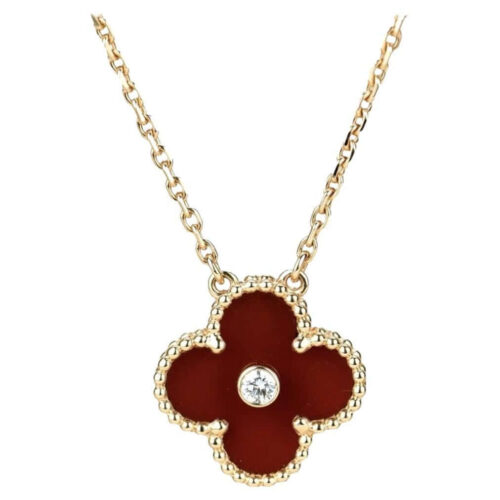 High Quality Luxury Van Cleef  Arpels Vintage Alhambra Pendant Yellow/Rose Gold With Carnelian Mother Of Pearl Round Diamonds alternate view