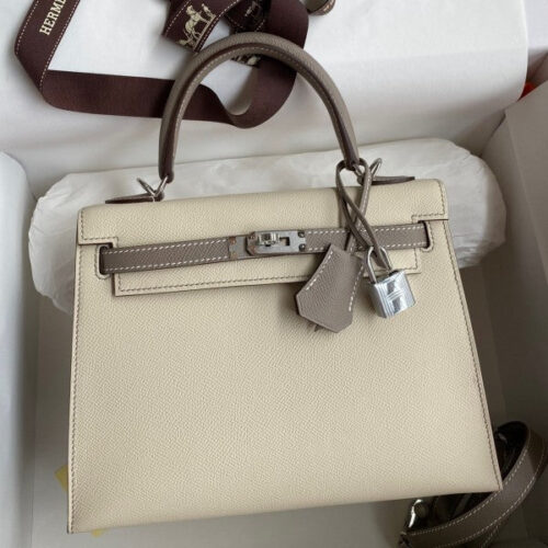 High Quality Luxury Hermes Kelly Sellier 25 Bicolor Bag In Trench And Craie