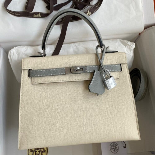 High Quality Luxury Hermes Kelly Sellier 25 Bicolor Bag In Craie And Gris Mouette