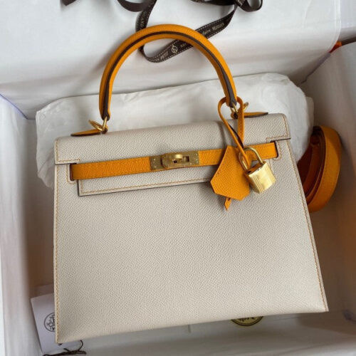 High Quality Luxury Hermes Kelly Sellier 25 Bicolor Bag In Craie And Yellow