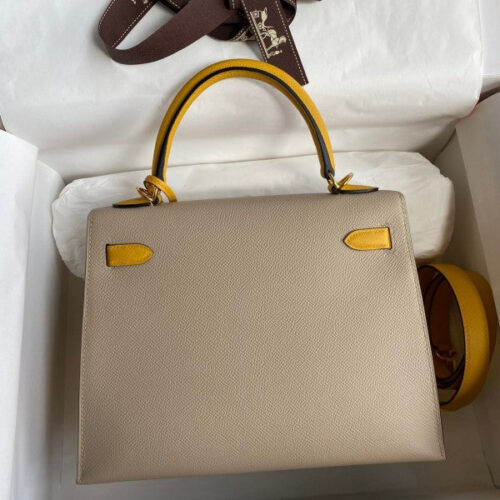 High Quality Luxury Hermes Kelly Sellier 25 Bicolor Bag In Trench And Yellow alternate view