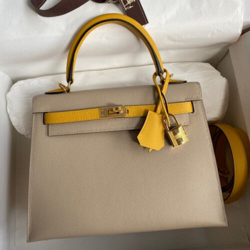 High Quality Luxury Hermes Kelly Sellier 25 Bicolor Bag In Trench And Yellow