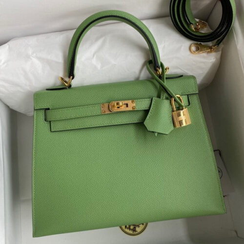 High Quality Luxury Hermes Kelly Sellier 25 Handmade In Vert Criquet