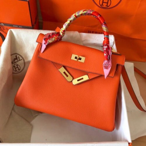 High Quality Luxury Hermes Kelly Retourne 28 Handmade Bag In Orange alternate view