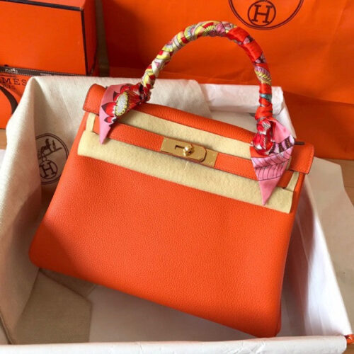 High Quality Luxury Hermes Kelly Retourne 28 Handmade Bag In Orange