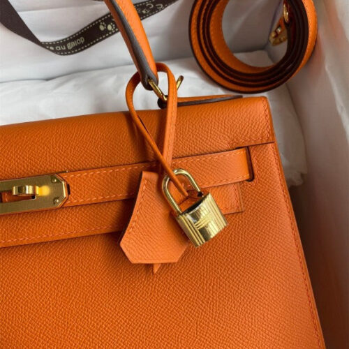 High Quality Luxury Hermes Kelly Sellier 28 Handmade Bag In Orange alternate view
