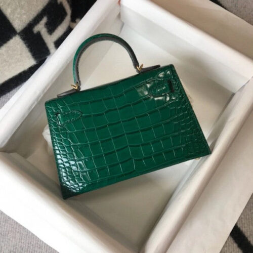 High Quality Luxury Hermes Kelly Mini Ii Bag In Green Crocodile Leather alternate view