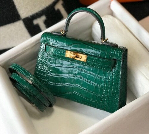 High Quality Luxury Hermes Kelly Mini Ii Bag In Green Crocodile Leather product detail