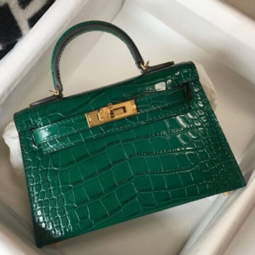 High Quality Luxury Hermes Kelly Mini Ii Bag In Green Crocodile Leather