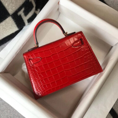 High Quality Luxury Hermes Kelly Mini Ii Bag In Red Crocodile Leather alternate view