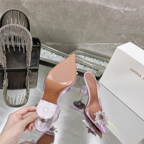High Quality Luxury Amina Muaddi Rhinestone Buckle Heeled Slides – Style 26851 product detail