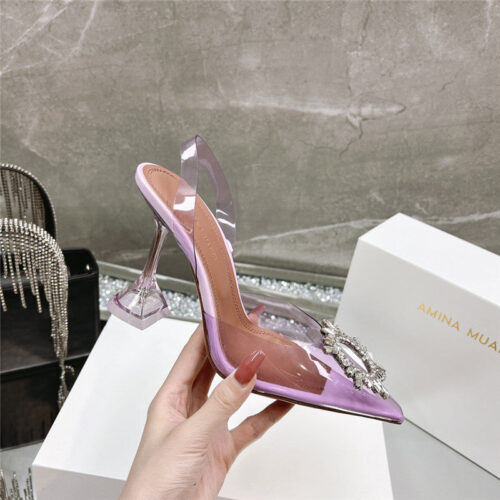 High Quality Luxury Amina Muaddi Rhinestone Buckle Heeled Slides – Style 26851 product detail