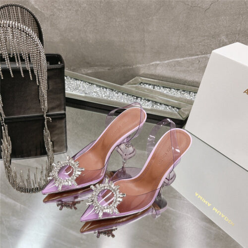 High Quality Luxury Amina Muaddi Rhinestone Buckle Heeled Slides – Style 26851